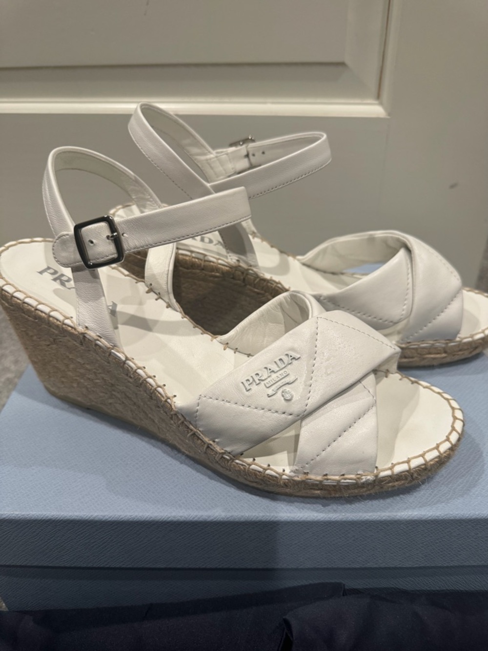 Prada White Leather Espadrille Wedge Sandals with Ankle Strap